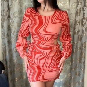 Forever 21 long sleeve red pattern dress with cutouts
